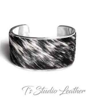 Hair-on Genuine Cowhide Leather Cuff Bracelet in Black and White Brindle
