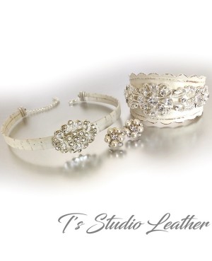 Rhinestone & Leather Rustic Wedding Ivory Bridal Cuff Bracelet Wristband