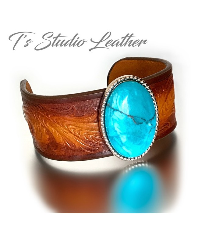 Brown Tooled Leather Cuff Bracelet Wristband with Turquoise Concho