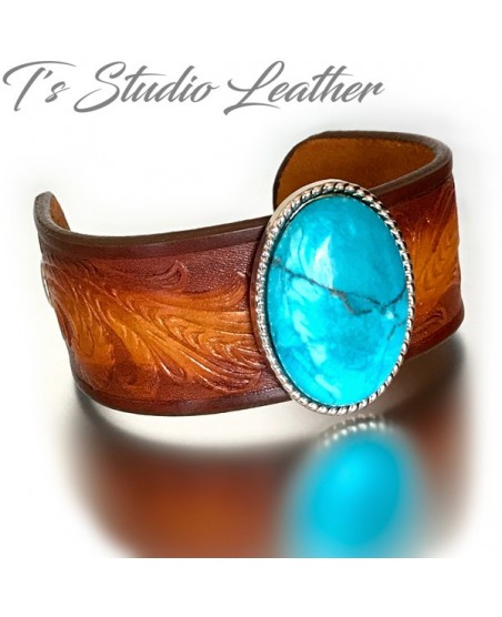 Brown Tool Tooled Leather Cuff Bracelet Wristband Turquoise Concho