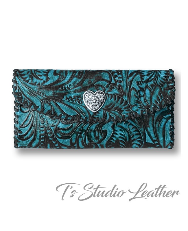 Western Style Women's Leather Wallet Turquoise Brown Textured Cowhide