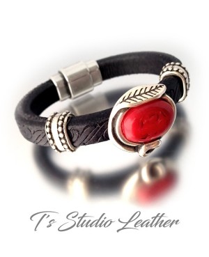Black Textured Licorice Leather Bracelet with Red Focal Slider