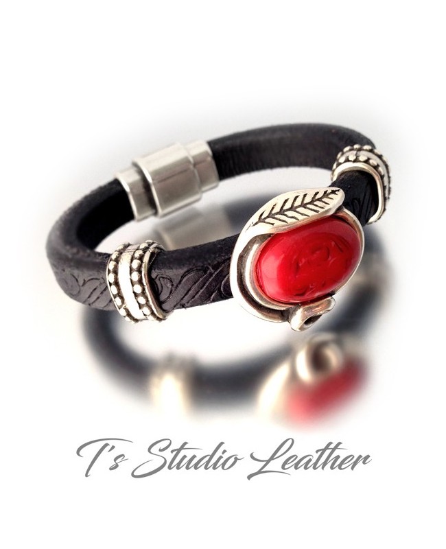Black Textured Licorice Leather Bracelet with Red Focal Slider