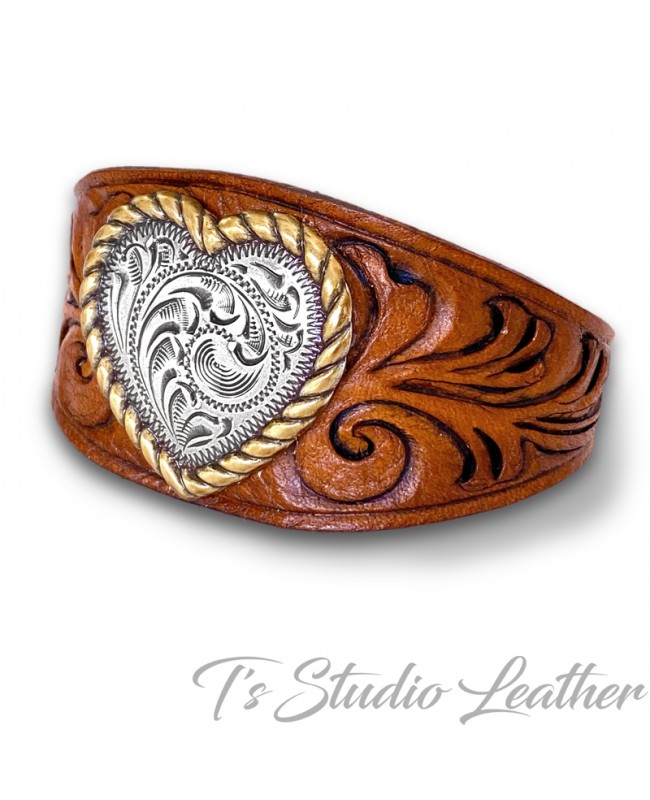 Western Style Hand Tooled Leather Cuff Bracelet Wristband with Silver Heart Concho and Buckle Clasp