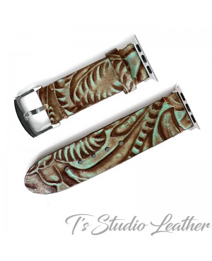 Western Style Brown and Turquoise Leather Apple Watch band