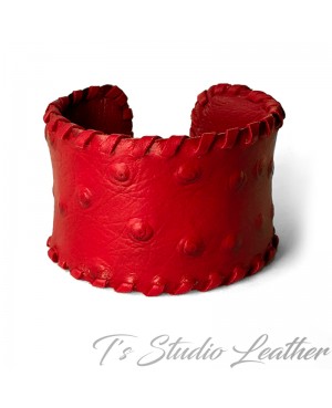 Leather Cuff Bracelet in Red Ostrich Print with Whipstitched Edge