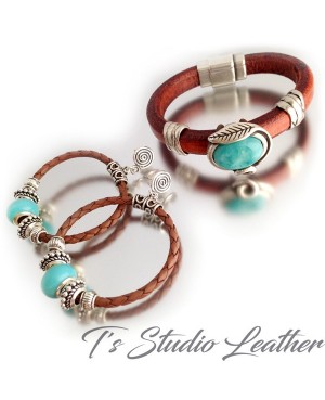 Leather Bracelet Whiskey Brown Regaliz Licorice Cuff Wristband with Turquoise Focal Slider