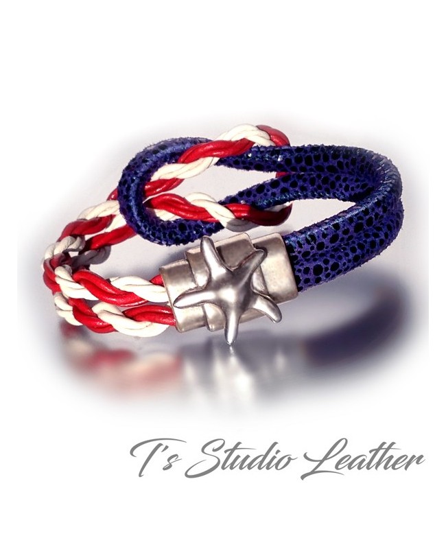 USA American Flag Leather Bracelet Red White Blue Silver Star Clasp