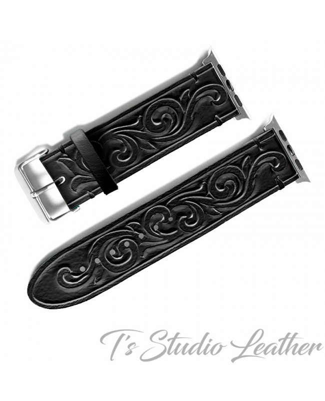 Black Leather Western Style Hand Tooled Apple Watch band