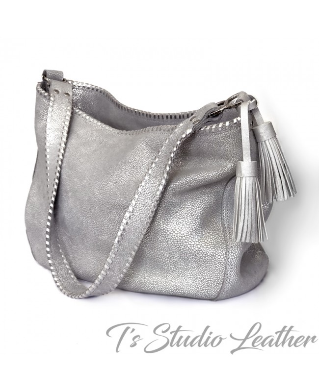 HOBO Chosen Baguette Style Bag - Metallic Leather Pearled Silver