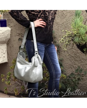 Silver Metallic Suede Leather Hobo Handbag