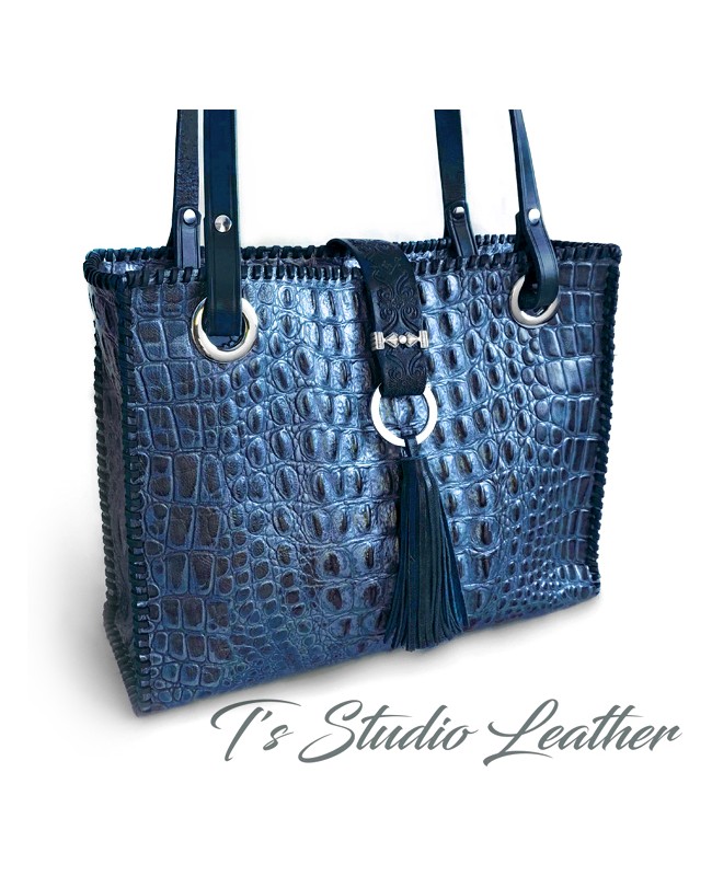 Crocodile Embossed Leather Tote in Deep Blue