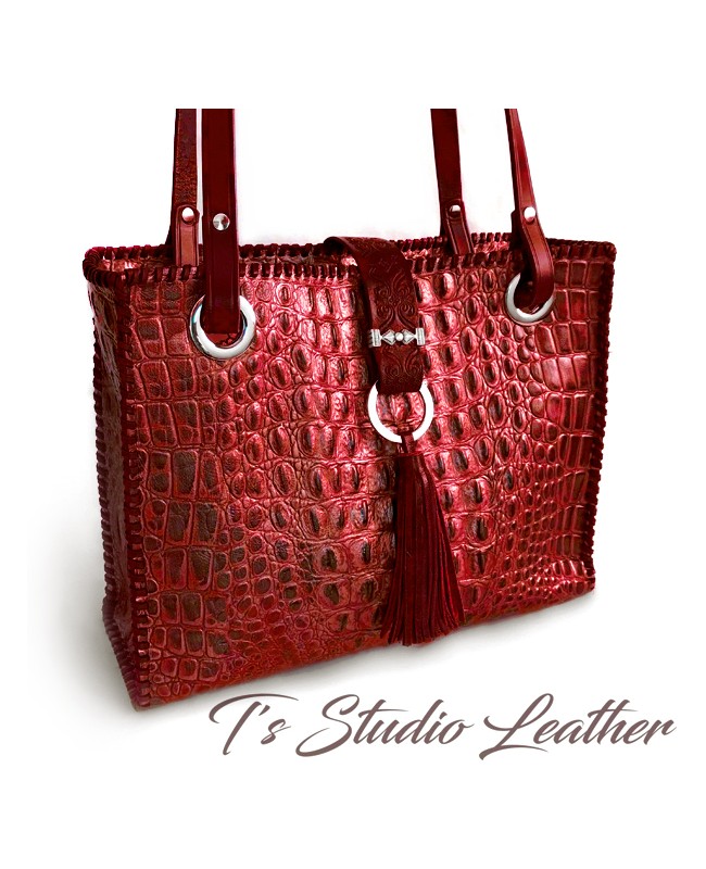 Crocodile Embossed Leather Tote in Deep Red