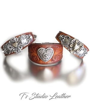 Hand Tooled Leather Cuff Bracelet Wristband with Heart Concho