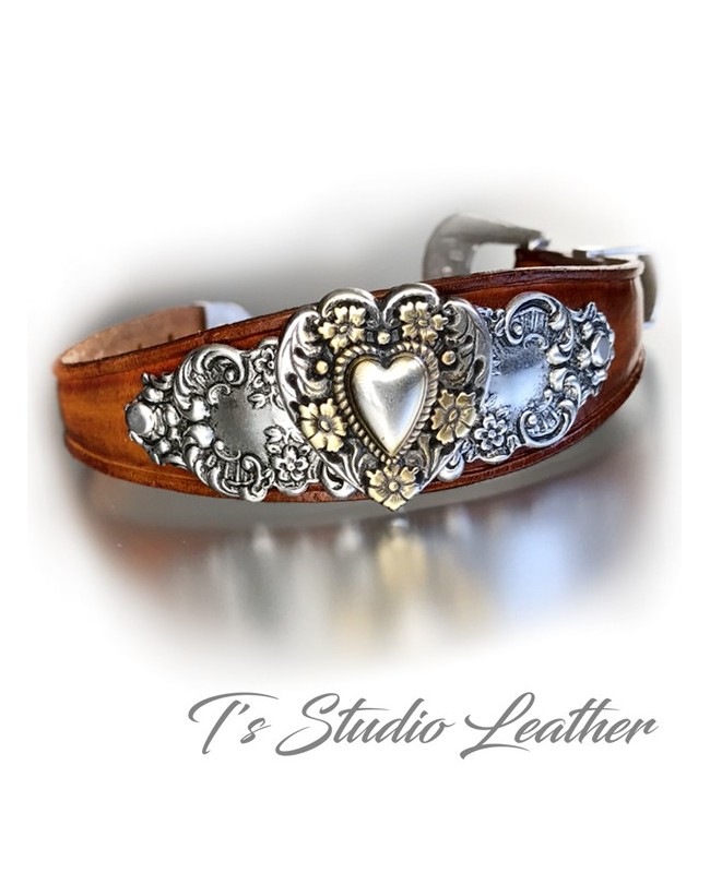 Hand Tooled Leather Cuff Bracelet Wristband with Heart Concho