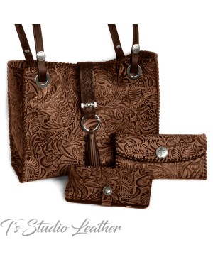 Western Brown Floral Wallet, Phone Case and handbag by Ts Studio Leather