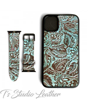 Western Turquoise Brown Leather Phone Case and matching watch band by Ts Studio Leather