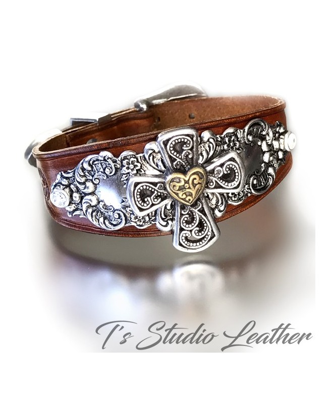 Hand Tooled Leather Cuff Bracelet Wristband with Heart Concho