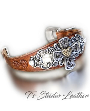 Hand Tooled Leather Cuff Bracelet Wristband with Heart Concho