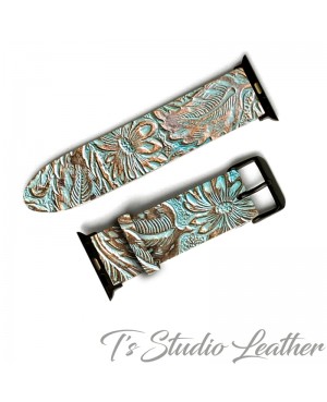 Turquoise and Copper Floral Western Leather Watch Band