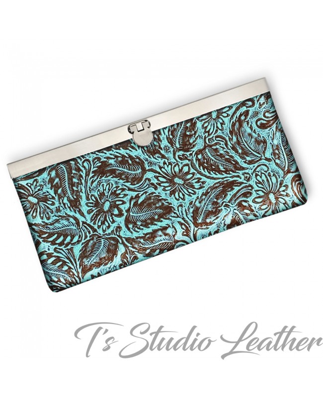 Mint Green and Brown Floral Western Leather Women's Wallet