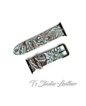 Mint Green and Brown Floral Western Leather Watch Band