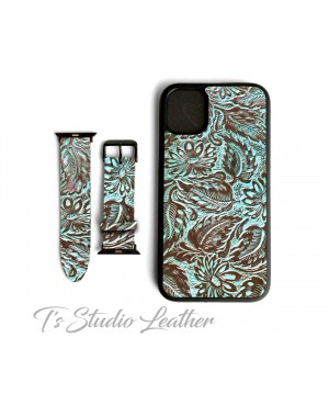 Mint Green and Brown Floral Western Leather Phone Case and Watch Band