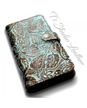 Mint Green and Brown Floral Western Leather Wallet Style Phone Case