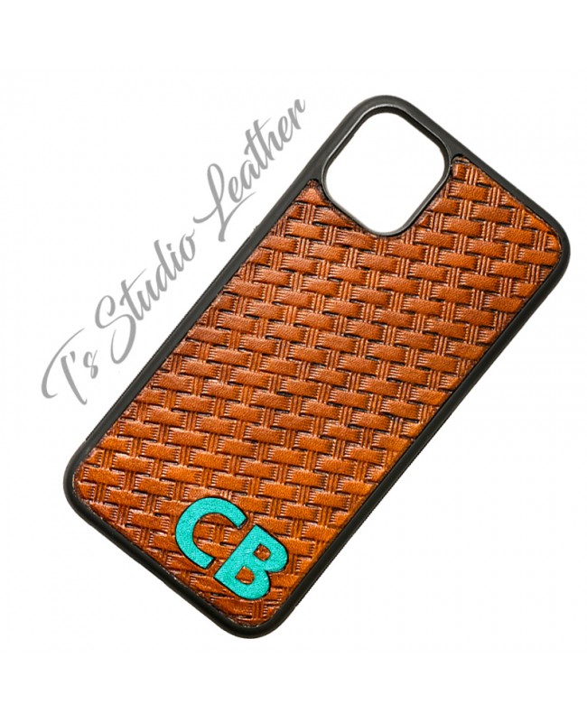 Western Style Hand Tooled Basketweave Leather Phone Case Turquoise
