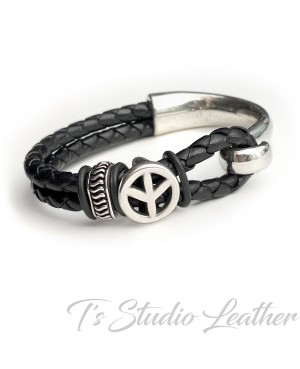 Black Braided Leather Bracelet with Peace Slider