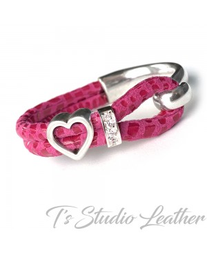 Pink Leather Bracelet with Silver Heart Slider