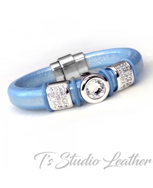 Blue Leather Bracelet with...