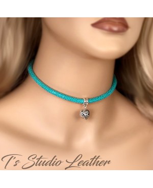 Leather Choker Necklace & Earrings Set - Brown Braided Leather with Turquoise and Pearl Flowers