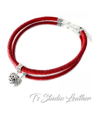 Red Leather Choker Necklace with Filigree Silver Heart