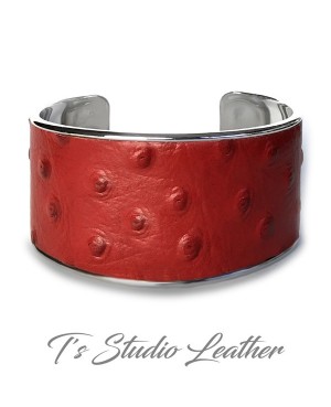 Red Ostrich Leather Cuff Bracelet