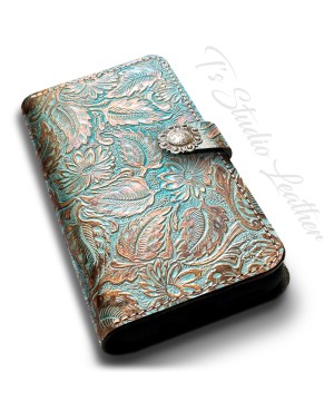 Ts Studio Leather Western Turquoise Floral Wallet Phone Case