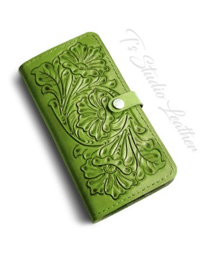 Green Hand Tooled Leather Phone Case - Western Style floral folio wallet style case