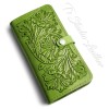Green Hand Tooled Leather Phone Case - Western Style floral folio wallet style case