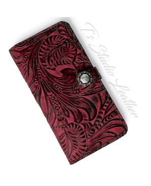 Ts Studio Leather Western Burgundy and black Floral Wallet Phone Case