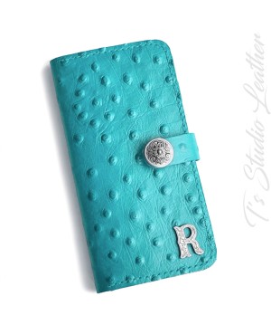 Turquoise Ostrich Personalized Leather Wallet Phone Case