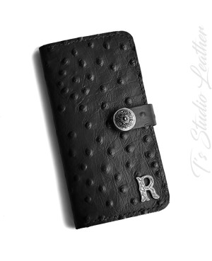 Black Ostrich Personalized Leather Wallet Phone Case
