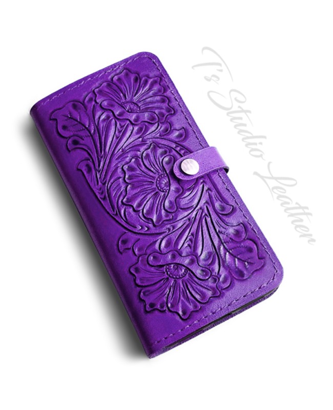 Purple Hand Tooled Leather Phone Case - Western Style floral folio wallet style case