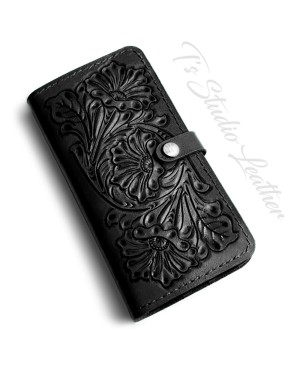 Hand Tooled Black Leather Phone Case - Western Style floral folio wallet style case