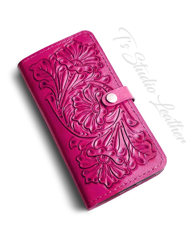 Ts Studio PinkHand Tooled Leather Phone Case - Western Style floral folio wallet style case