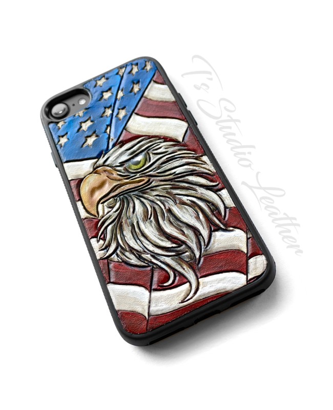Made in the USA American Flag and Eagle Tooled Leather Phone Case