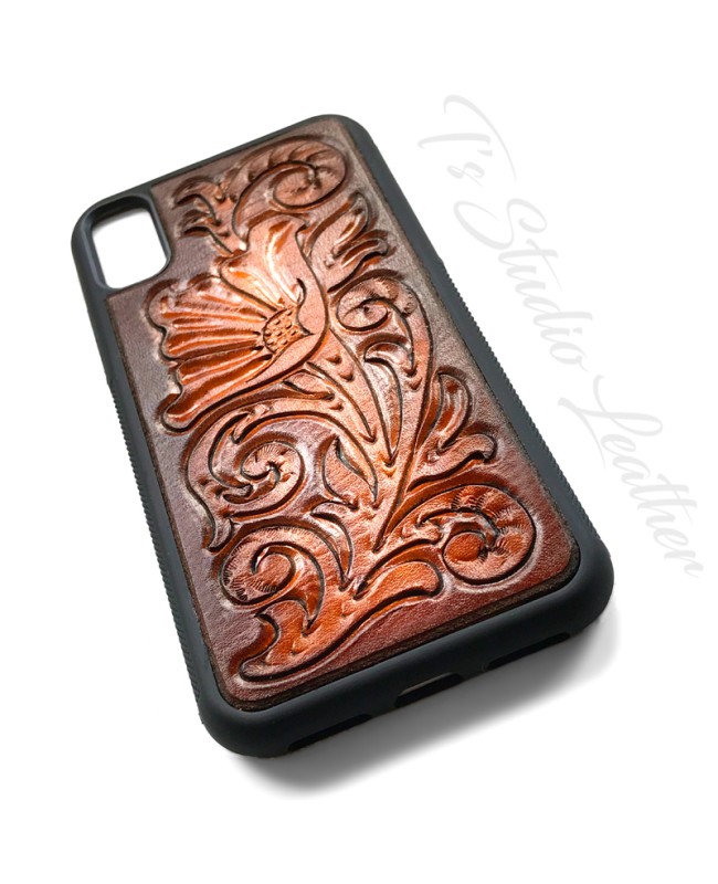 Western Style Hand Tooled Leather Phone Case by Ts Studio Leather