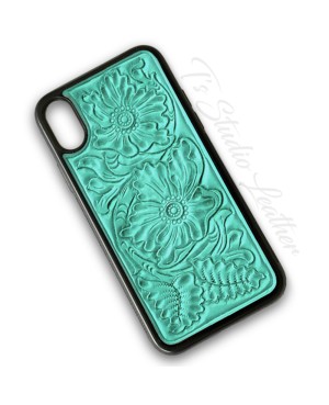 Western Style Hand Tooled Turquoise Leather Phone Case by Ts Studio Leather
