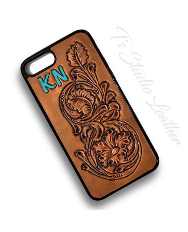 Personalized Hand Tooled Floral Leather Phone Case with Initials