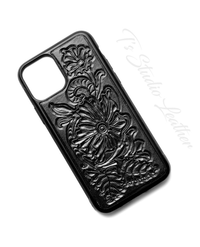 Western Style Hand Tooled Black Leather Phone Case by Ts Studio Leather