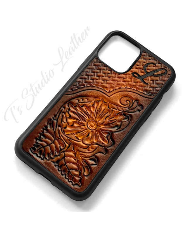 Hand Tooled Leather iPhone Case - Western Style basketweave and floral case for iPhone or Samsung